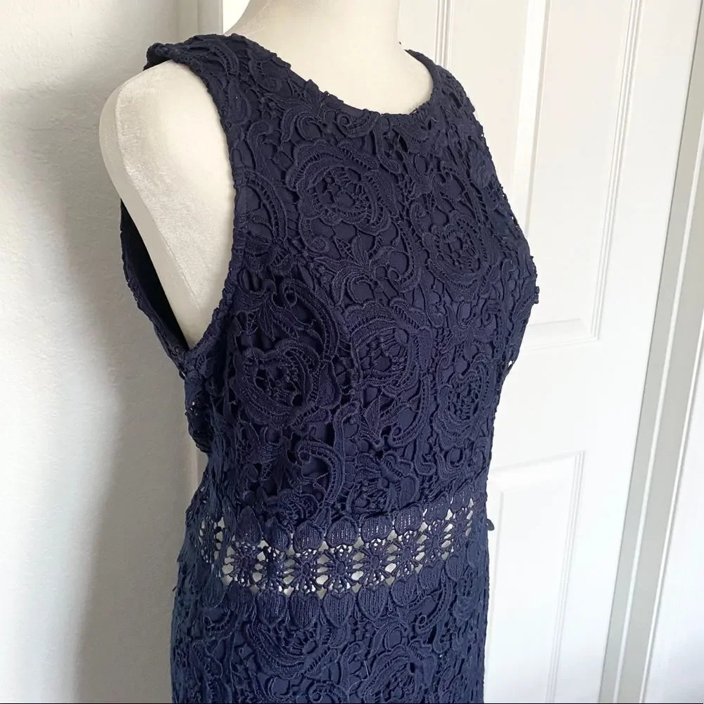 Mademoiselle Philip Marc Navy Blue Floral Lace Sleeveless Midriff Mini Dress - Picture 4 of 13